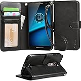 Droid Turbo 2 Case, Arae Motorola Moto Droid Turbo 2 wallet case,[Wrist Strap] Flip Folio [Kickstand Feature] PU leather wallet case with ID&Credit Card Pockets For Moto Turbo 2 (Black)