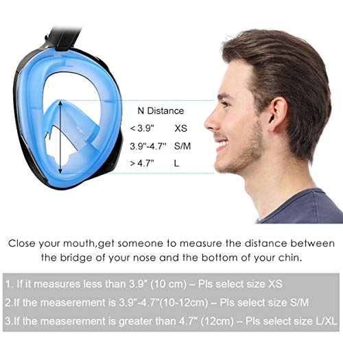 BFULL Snorkel Mask Full Face 180° Panoramic Sea View Anti-Fog Anti-Leak Snorkeling Mask with Action Camera Mount and Soft Adjustable Head Straps for Kids and Adults (Black-Blue, S/M)