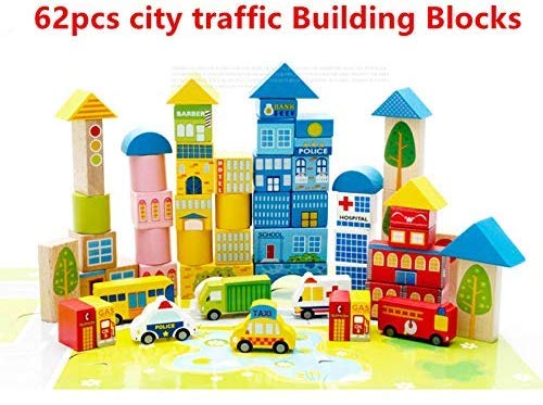 SuperLi Building Blocks for Toddlers - Colorful Baby Wooden Blocks for Preschool Learning - Baby Educational Toys for Kids - 28 Pcs Toy Blocks (62 Pieces City Transportation)