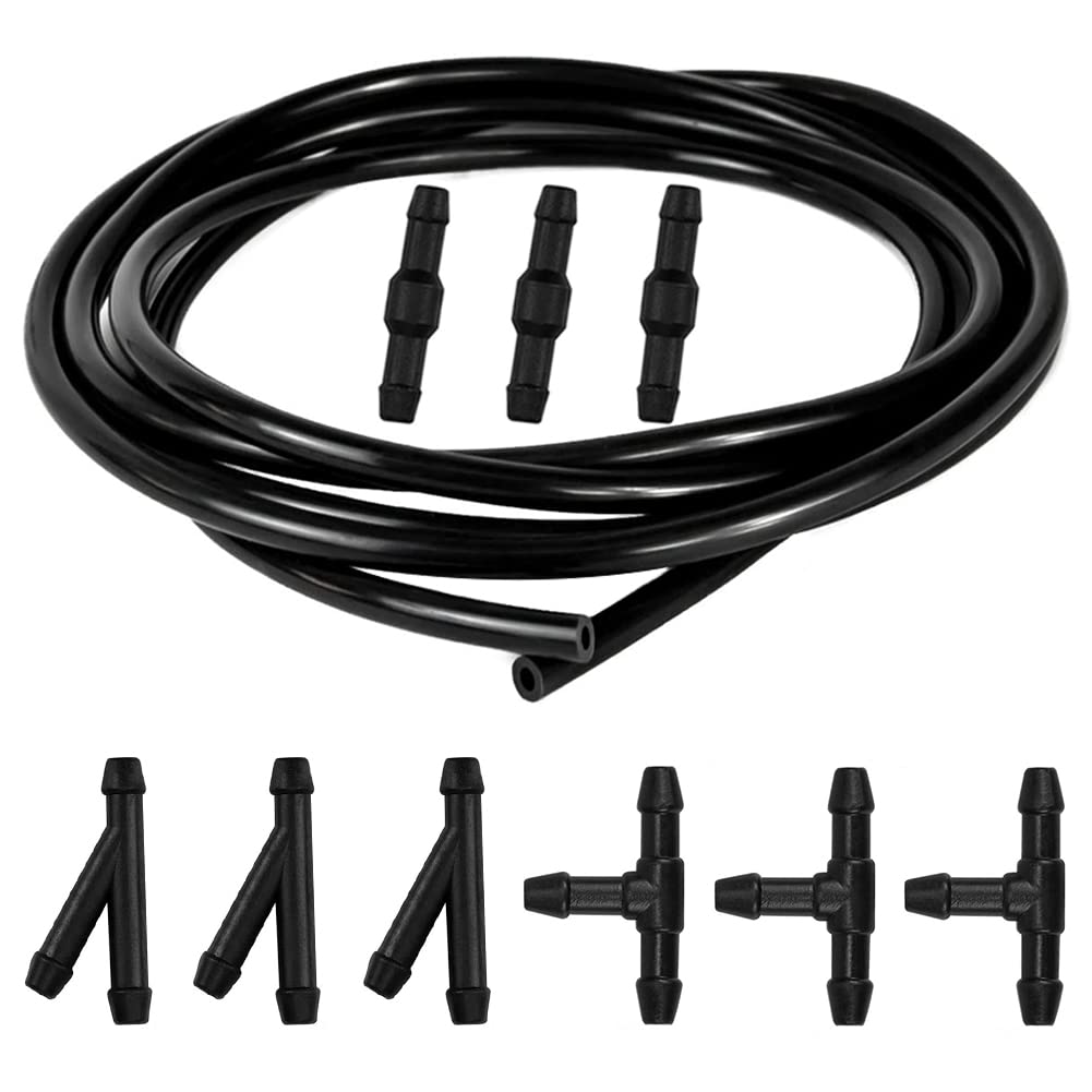 YIXISI 3m Car Windshield Washer Hose Kit, with 9 PCS Hose Connectors (Y I T-Type), Universal Windscreen Washer Hose, Silicone Rubber Windscreen Wiper Hose, Connecting Car Water Pump and Nozzle, Black