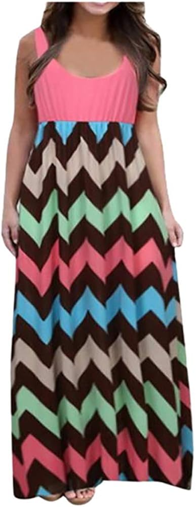 Womens Boho Floral Striped Printed Maxi Dress Casual Sleeveless Tank Top Floral Printing Party Long Dress