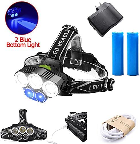 LED Headlamp,ustopfire Multi Function Micro USB Rechargeable Head Lamps,5 Modes 3xCREE XML-T6 + 2R2 blue light 18650 Headlamp with Charger and Battery,Outdoor Camping Biking Hunting Fishing Headlight