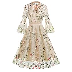 Bow Tie Neck Floral Embroidery Illusion Dress for