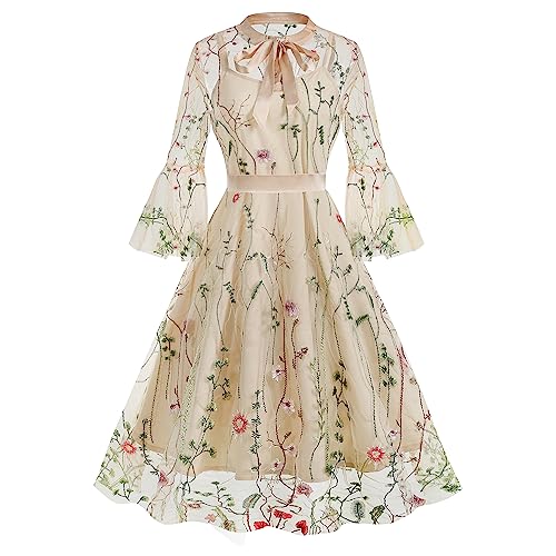 Bow Tie Neck Floral Embroidery Illusion Dress for