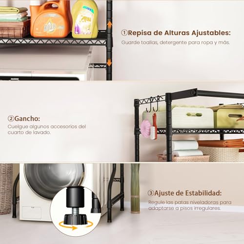 Kisfam Mueble para Lavadora y Secadora, Estante Organizador de Lavandería de 4 Niveles, Estructura Metálica Independiente con Tendedero, 170 cm Ancho x 50cm Fondo x 197 cm Alto