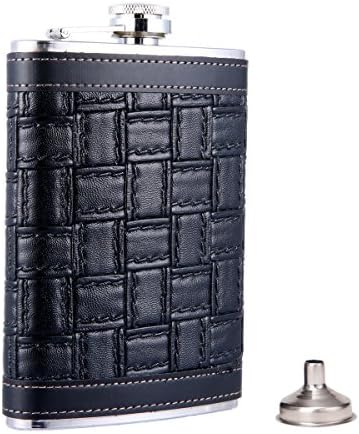 Taneaxon 9 oz Black Pocket Hip Flask with Funnel - Stainless Steel with Leather Wrapped Cover