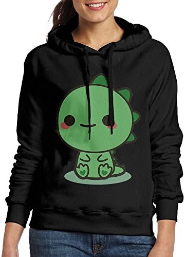Grhoodie1 Kawaii Dinosaur Women's Long Sleeve Pullover Hooded Sweatshirt Black Size L