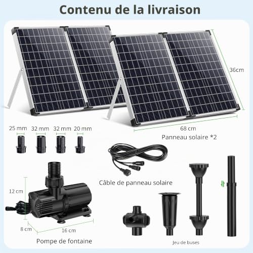 POPOSOAP 120W Solar Pond Pump, Solar Fountain with Adjustable Flow Rate 6000L/H, DC Water Pump, Dual Solar Panel, 3 Nozzles for Garden Ponds, Water Garden
