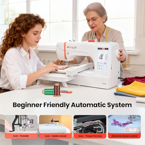 POOLIN EOC06 Embroidery Machine 7.9x11 Inch Large Area for Clothing, Computerized 7 Inch Touchscreen Achieve Letter Embroidery and Combination Embroidery, Includes Thread, Stabilizer, Bobbins