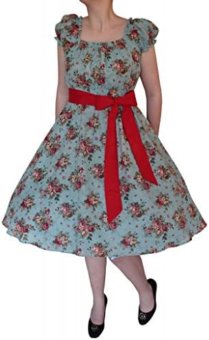 Cherrybombe Clothing Women's Vintage Retro Rose Print Swing Dress Light Blue 3XL-4XL