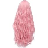 Probeauty Long Pink Wig Light Pink Wigs for Women Synthetic Heat Resistant Curly Wave Cosplay Wig for Halloween Costume