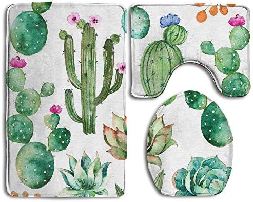 CCBUTBA Vintage American Flag Skidproof Toilet Seat U Shape Cover Bath Mat Lid Cover 3 Piece Non Slip Bath Rug Mats Sets for Shower SPA Watercolor Plants Cactus