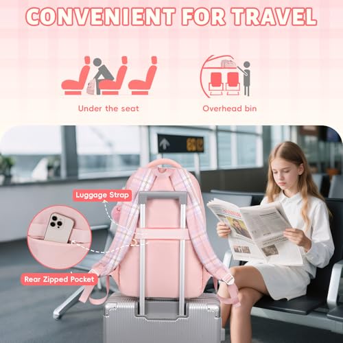 Tanou Girls Primary School Bag, Waterproof Daypack School Backpack for Teens, Kawaii Checked School Bag for Girls 9-16 Years Old for Travel