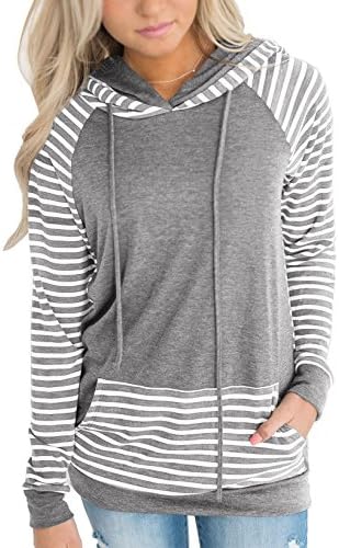 ASCHOEN Women's Cotton Long Sleeve Hoodies Casual Stripe Sweatshirts Hooded Pullover With Pockets, Gray XL