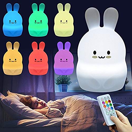 ATOMFIT LED Nursery Night Lights for Kids: Cute Animal Silicone Baby Night Light with Touch Sensor and Remote - Portable and Rechargeable Infant or Toddler Cool Color Changing Bright (Bunny)