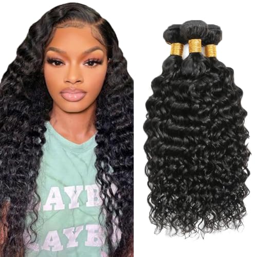 Creuost #1B Natural Black Color Water Wave Human Hair Bundles 26 28 30 Inch Doubles Weft Unprocessed Virgin Weave 3 Bundles Total 300g Human Hair Extensions