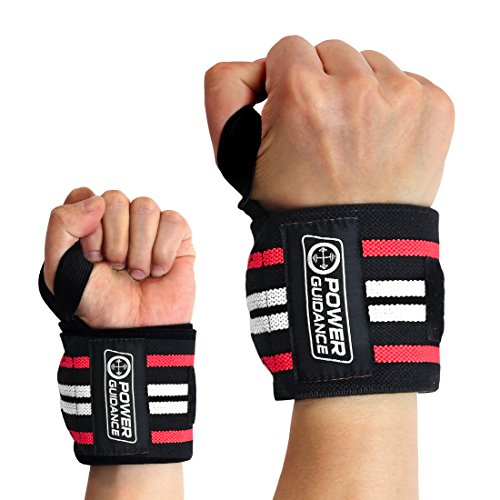 POWER GUIDANCE Weight Lifting Wrist Wraps for Power Lifting, Bodybuilding Workout and Gym Training with Thumb Loops, Support for Both Women and Men (Red)