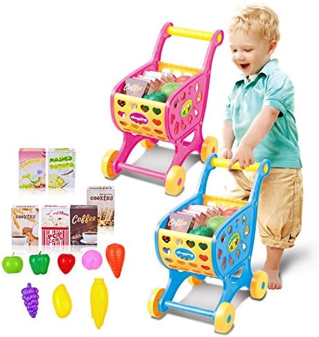 FomCcu Shopping Cart Trolley Toy Simulate Supermarket with Vegetables Fruits Pretend Play for Kid Pink
