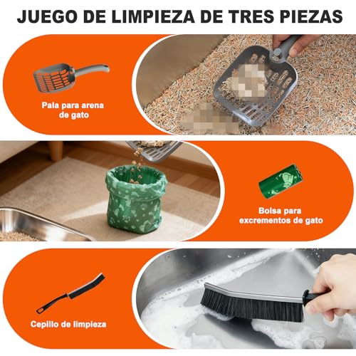ROWIDE Arenero para Gato de Acero Inoxidable XL, Bordes Altos Antifugas con 5 Accesorios: Pala, Alfombrilla, Pegatinas, Cepillo y Bolsas. FáCil de Limpiar, No Se Pega, Apto para Gatos Grandes
