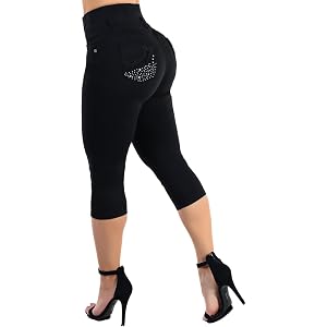 Moda Xpress Women's Juniors Ultra High Waist Butt Lifting Stretch Denim Capris Push Up Sculpting Body Shaping Comfortable Fit