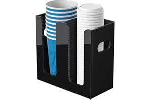 WINFFOR Disposable Cup Organizer Dispenser - 2 Compartments Black Acrylic Cup and Lid Holder with Handles Plastic Cup Dispenser Countertop Paper Cup Holder for Coffee Bar House Party Essentials