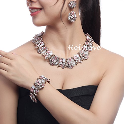 Holylove Light Pink Retro Style Statement Necklace Bracelet Earrings for Women Novelty Jewelry Set 1 with Gift Box-light pink 3pcs - Thumbnail 5