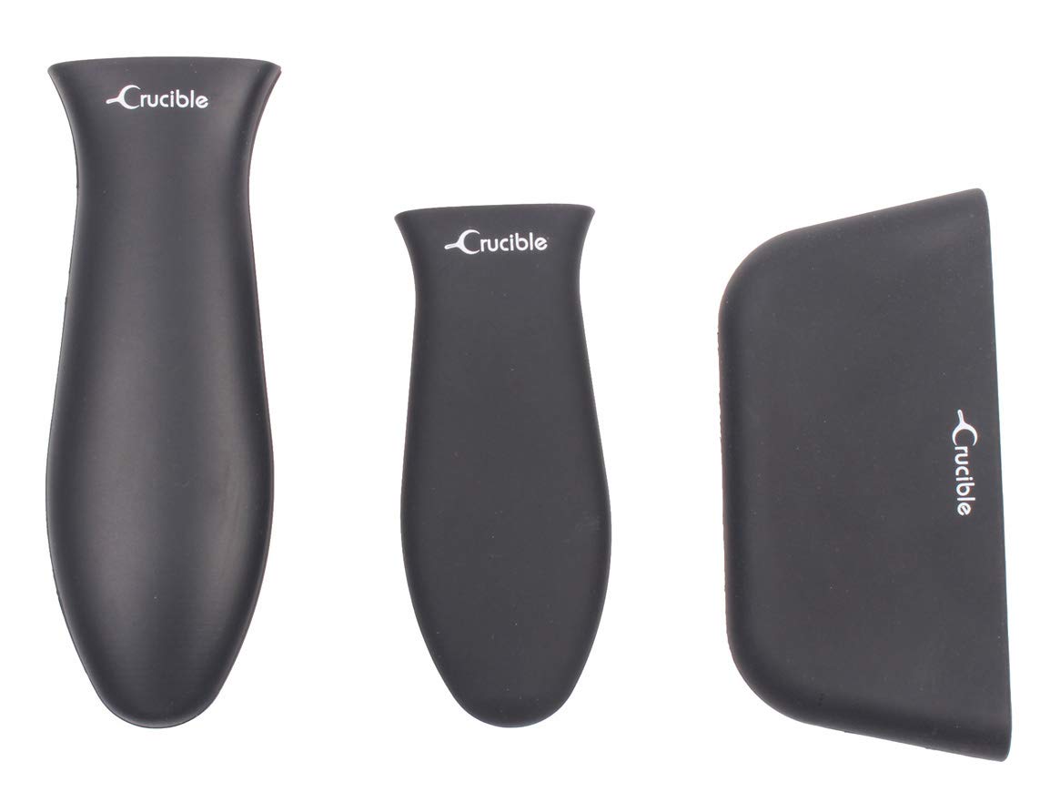 Crucible Cookware Silicone Hot Handle Pot Holder (Mixed Set of 3 Black) For Cast Iron Skillets, Mini Handle, Assist Handle Red