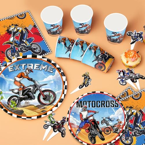 Motorcycle Birthday Decorations, 10 Guests Decoration Kit with Motorcycle Theme Including Plates and Glasses Motocross Napkins Tablecloth Banner etc Birthday Accessories for Motorcycles