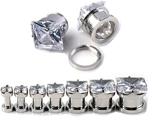Surgical Steel with SQUARE Clear Cz Stones Screw-fit Ear Tunnels (1 Pair) (8g (3mm))