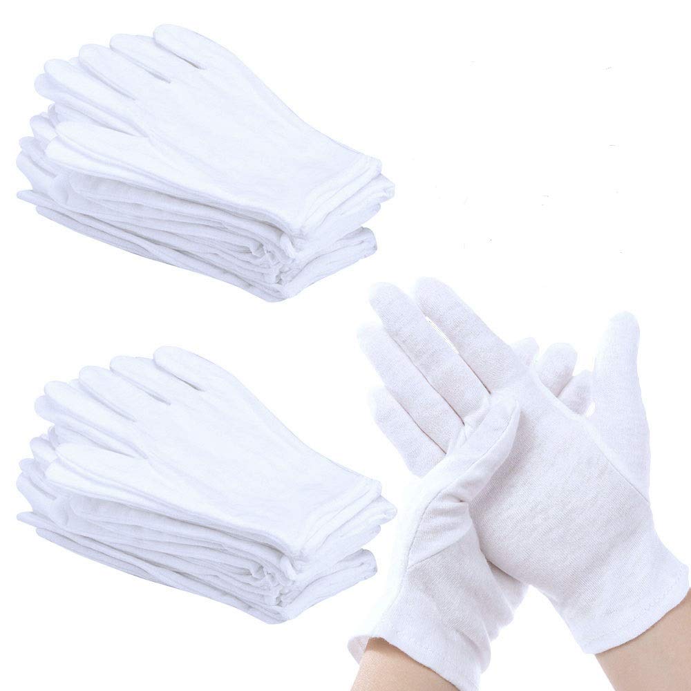 PERFETSELL 12 Pairs White Gloves Cotton Gloves Soft and Resuable White Works Glove Waiters Serving Glove for Coin Jewelry Silver Inspection/Hand Moisturizing