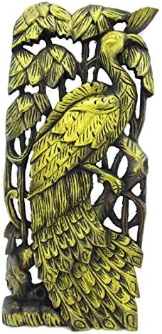 Blue Orchid Hand Carved Peacock Sculpture Wall Hanging Thai Wood Relief Panel Art 18" (Gold Left)