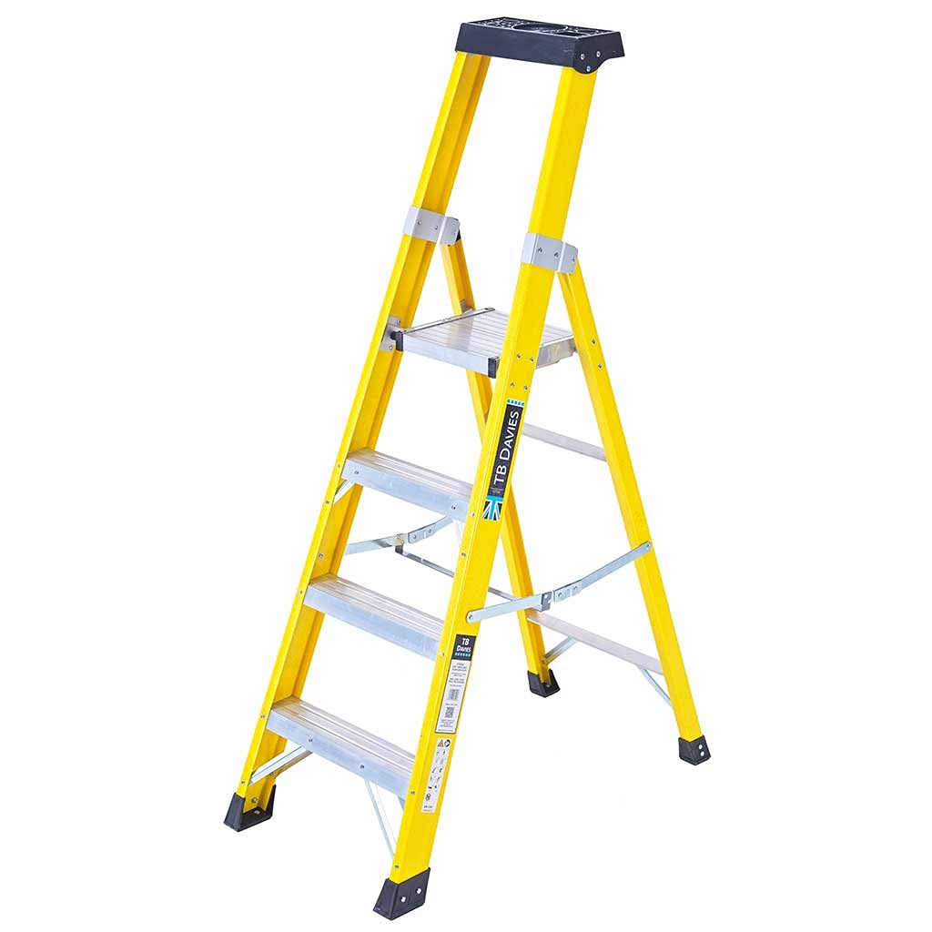 TB Davies 1236-004 Trade Electrician Platform Step Ladders, 4 Tread, Platform Height 1.0m, GRP Fibreglass, Built-in Tool Tray, 150kg Work Load, EN131