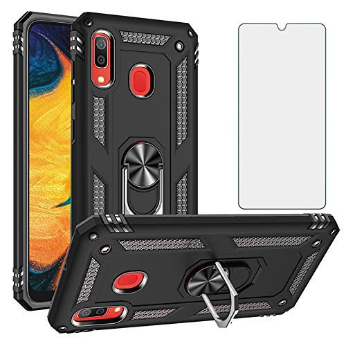 Phone Case for Samsung Galaxy A20/A30/SM-A205F/DS with Tempered Glass Screen Protector Cover and Stand Ring Holder Hard Shockproof Heavy Duty Silicone Rugged Gel Accessories 20 2019 20a Boys Black