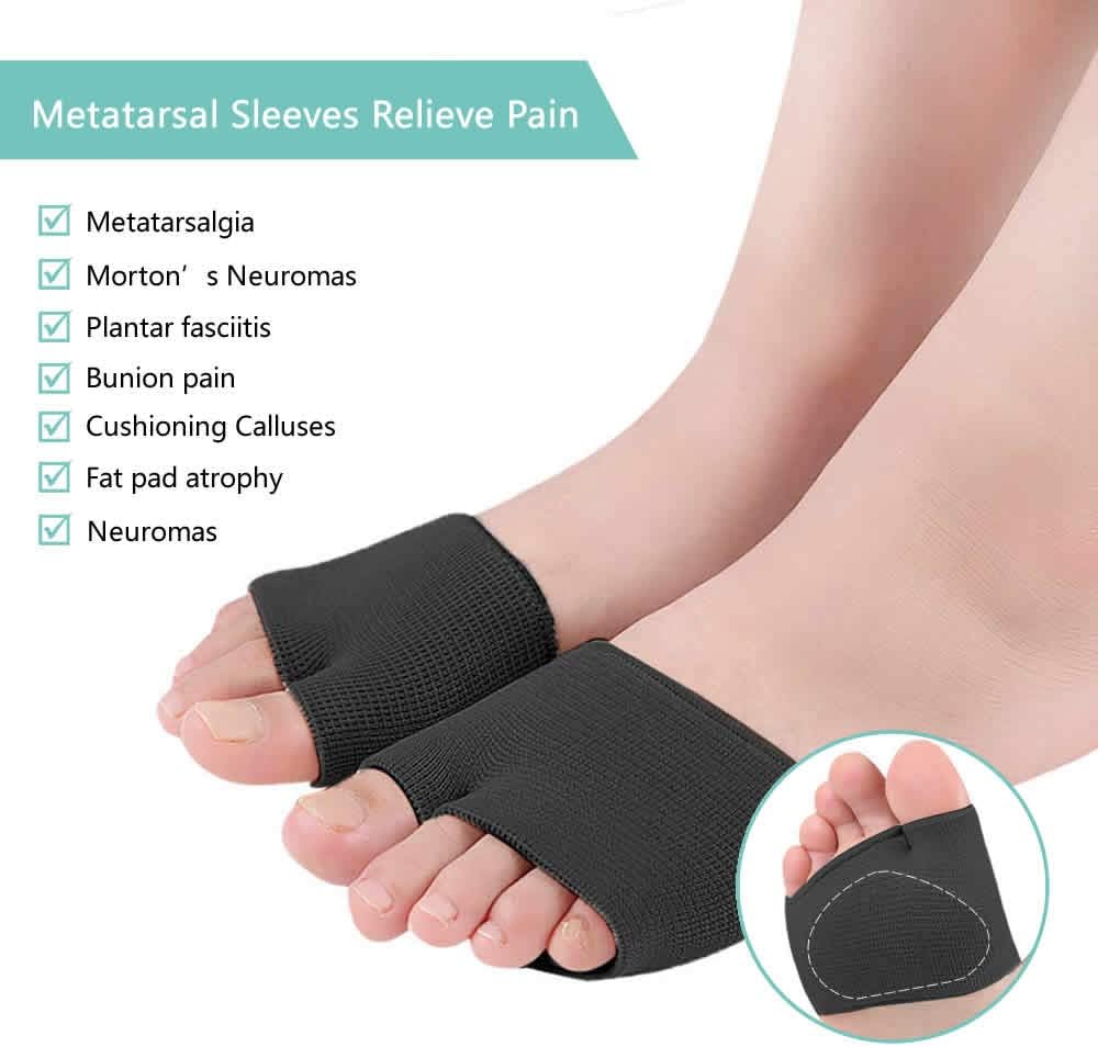 Temiart Metatarsal Sleeve Pads - 4 Pack Ball of Foot Cushions with Soft Gel, Fabric Compression Forefoot Gel Pads Cushion for Help Metatarsalgia, Mortons Neuroma, Diabetic Feet Pain Relief (Black): Health & Personal Care