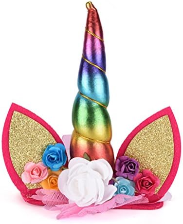 Cha Long 1 Pcs Girls Unicorn Horn Headband with Ears and Flowers for Kids Adults Rainbow Birthday Party Favors Dress Cosplay, Rose Horn (#6)