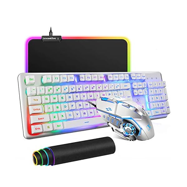 Wired-USB-Gaming-Keyboard-Mouse-Combo-Set-104-Keys-LED-Rainbow-Backlit-12-Multimedia-Keys-Gaming-Keyboard-2400DPI-6-Buttons-Optical-Mouse10-Lighting-Modes-RGB-Mice-Pad-Compatible-with-PC-Laptop-Mac Wired Gaming Keyboard and Mouse Combo, 104 Key LED Rainbow Backlight USB FN Multifunction Key Membrane Keyboard + 2400…