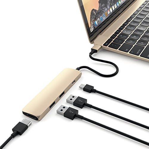 Satechi Slim Aluminum Type-C Multi-Port Adapter with USB-C Pass-Through, 4K HDMI, USB 3.0 - Compatible with 2018 MacBook Pro/Air, 2018 iPad Pro, Microsoft Surface Go and More (Gold)