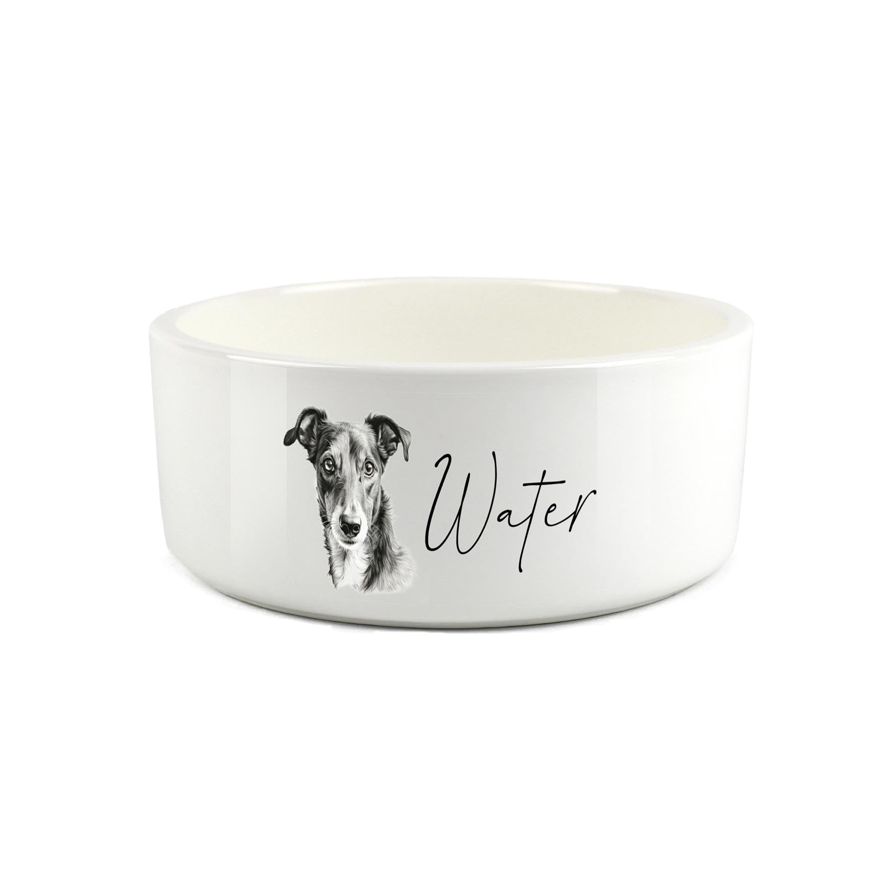 Lurcher Pet Bowl - Black & White Portrait Large Ceramic Water Bowl - White Water Dish For Dogs