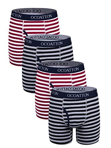 Ocoatton Striped Boxer Briefs Soft Cotton Underwear For Men With Front Fly 4-Pack (S+ / 30-32, 2black/2win red)