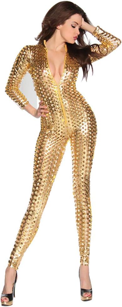 fagginakssWomen's Shiny Catsuit Ladies Sexy Faux Leather Jumpsuit Dancewear Hollow Out Zipper Front One Piece Cosplay Party Clubwear Fancy Playsuit