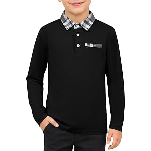 Haloumoning Boys Long Sleeve Polo Shirts Plaid Collar School Uniform Tops | Kids Casual Golf Polo Shirt 5-14 Years, 3-Button