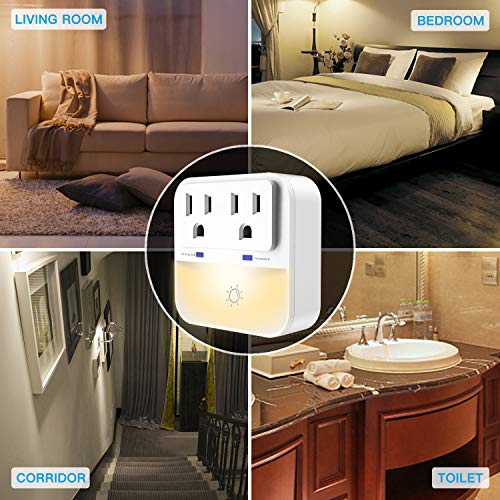 Surge Protector, Plug-in Night Light with 2-Outlet Extender, POWRUI Warm White LED Nightlight with Dusk-to-Dawn Sensor for Bedroom, Bathroom, Kitchen, Hallway, Stairs, 3-Pack - Thumbnail 6