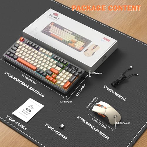 FREEWOLF T96 Wireless Keyboard and Mouse Combo, Retro, BT & 2.4G Modes, PBT Keycaps, Media Knob, Display Screen, Silent Keys, 26-Key Anti-ghosting, American QWERTY, for Mac/Windows/Linux