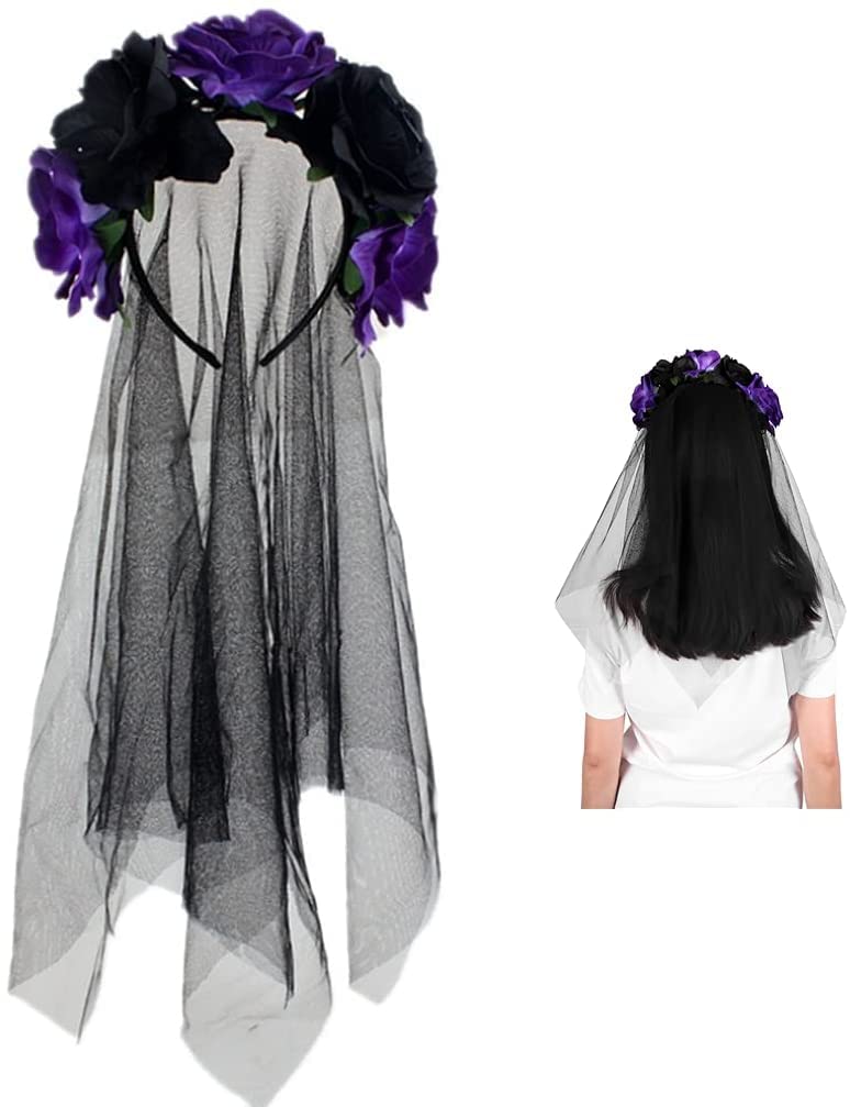 QCHOMEE Flower Headband with Black Veil Ladies Gothic Rose Garland Headwear Halloween Christmas Fancy Dress Up Costume Hair Band Accessory for Halloween Party Photography Props