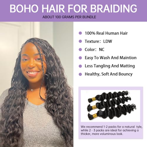 YWIGS Loose Deep Wave Boho Human Hair 100% Human Hair for Boho Braids No Weft Bulk Human Hair for Braiding 100G NC 18inch