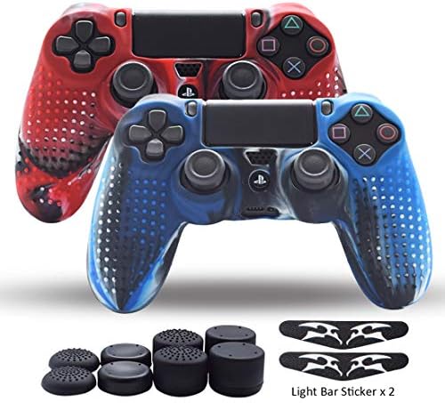 PS4 Controller Skin,Silicone Grips for PlayStation 4 PS4/Slim/Pro Controller Pack 2 Anti Slip Cover Case Protector for Dual Shock 4 Controller - Two Light Bar Sticker - 8pcs Pro Thumb Grips-Studs Camo
