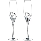 Sziqiqi Wedding Champagne Glass Set Silver Toasting Flute Glasses Pack of 2 with Rhinestone Rimmed Hearts Decoration for Wedding, Anniversary and Special Occasions