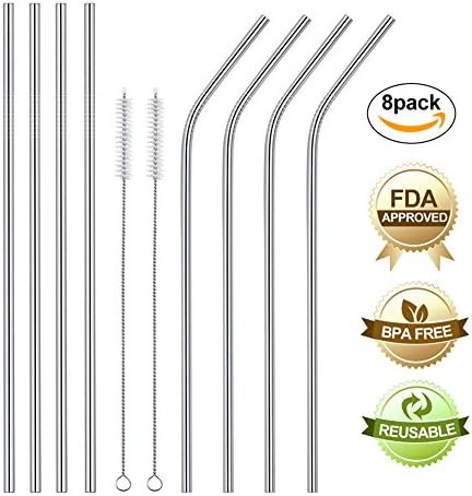 Stainless Steel Straws, Set of 8 Reusable Drinking Straws 10.5'' for 20 30 OZ Yeti Tumbler, RTIC, Tervis, Ozark Trail, Starbucks, Mason Jar Tumblers, Metal Drinking Straw with 2 Cleaning Brushes