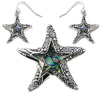 Silvertone Beautiful Abalone Beach Sealife Star Fish Pendant Charm and Earring Set with Rhinestones (with Gift Box)