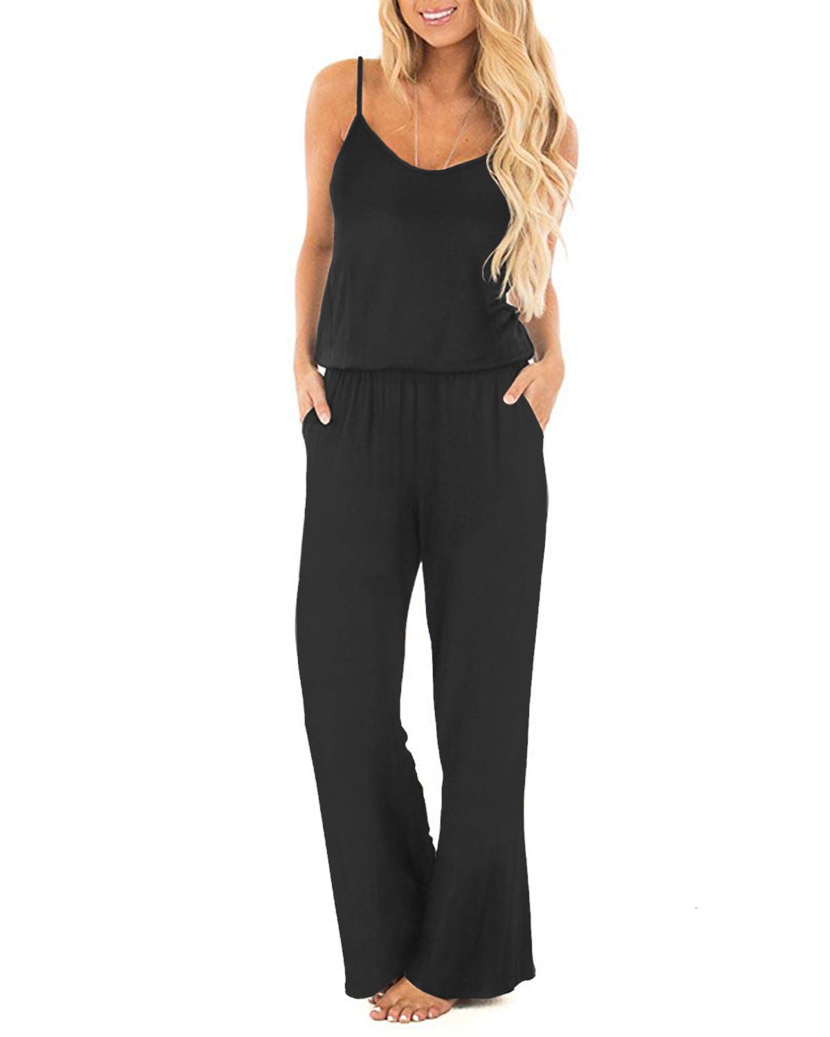 OUGESWomens 2024 Casual Sleeveless Jumpsuits Spaghetti Strap Loose Romper Long Pants with Pockets